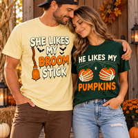 She Likes My Broomstick Shirt He Likes My Pumpkins Shirt Funny Halloween Couples Outfit Spooky Season Matching T-shirts Risqué Adult Humor