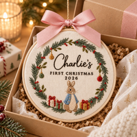 Personalized Bunny Wreath Christmas Ornament, Embroidered Baby First Christmas Name Hoop, Baby 1st Christmas Ornament, Baby Shower Gift