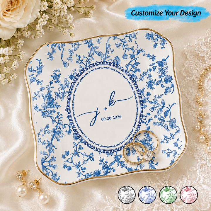 Personalized Toile De Jouy Jewelry Dish With Date- Gift for Bride, Bridesmaid, Bachelorette Trip, Bridal Shower Gift