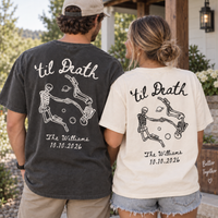 Personalized Til Death Skeleton Couple Shirts, Custom Mr & Mrs Wedding Tees, Last Name & Date Newlywed Shirts, Gothic Wedding Gift