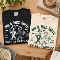 Personalized Mr & Mrs Skeleton Wedding Shirts, Custom Last Name Just Married Couple Tees, Till Death Halloween Newlywed Gift