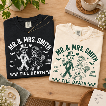 Personalized Mr & Mrs Skeleton Wedding Shirts, Custom Last Name Just Married Couple Tees, Till Death Halloween Newlywed Gift