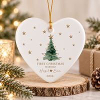 Personalized First Christmas Married Ornament, Custom Couple Names and Wedding Date, Round or Heart Ornament, Newlywed Gift