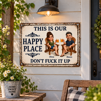 Personalized Happy Place Metal Sign for Couples, Custom Cartoon Photo Sign, Funny Patio & Backyard Decor, Anniversary Housewarming Gift