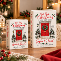 Personalized new home Christmas book vase displayed with festive flowers
