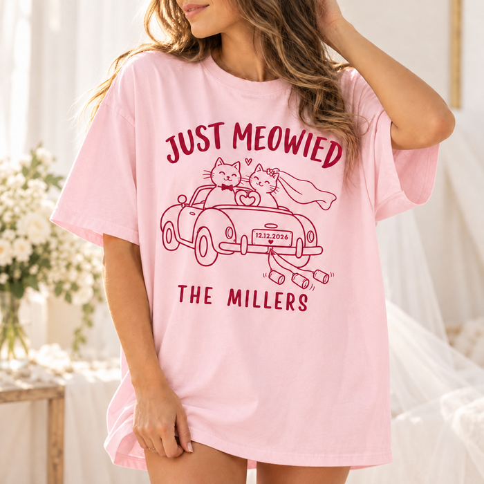 Custom Just Meowied Comfort Colors Shirts – Newlywed Cat Couple Gift