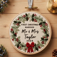 Personalized First Christmas Married Embroidery Hoop Ornament, Mr & Mrs Christmas Keepsake, Newlywed Wedding Gift