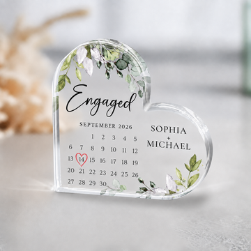 Personalized Heart Acrylic Plaque  Keepsake for Engagement Gift, Custom Couple Names & Engagement Date Calendar Plaque, Fiancé Fiancée Keepsake