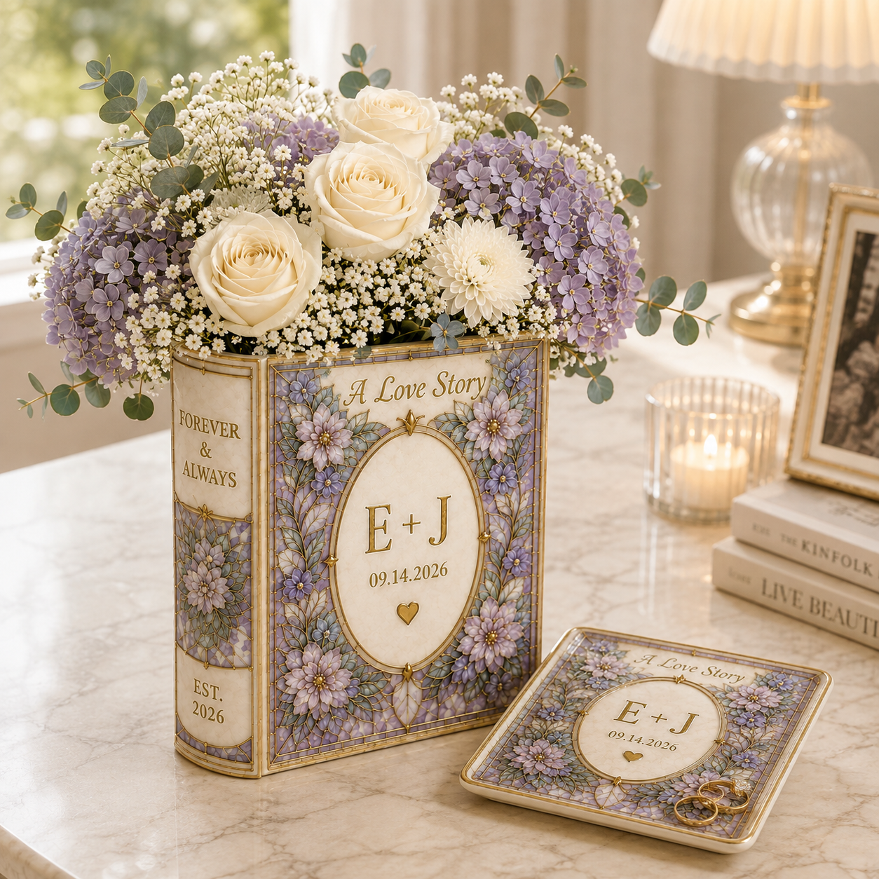 Personalized Floral Ceramic Book Vase, Custom Initials and Wedding Date, A Love Story Vase, Engagement, Wedding and  Anniversary Gift