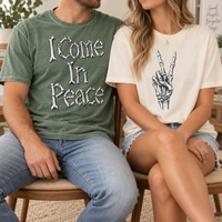 Funny Dirty Couples Shirts, I Come In Peace Skeleton Matching Tees, Spooky Halloween Couple Gift, Inappropriate Humor Tshirts Bred N Fed