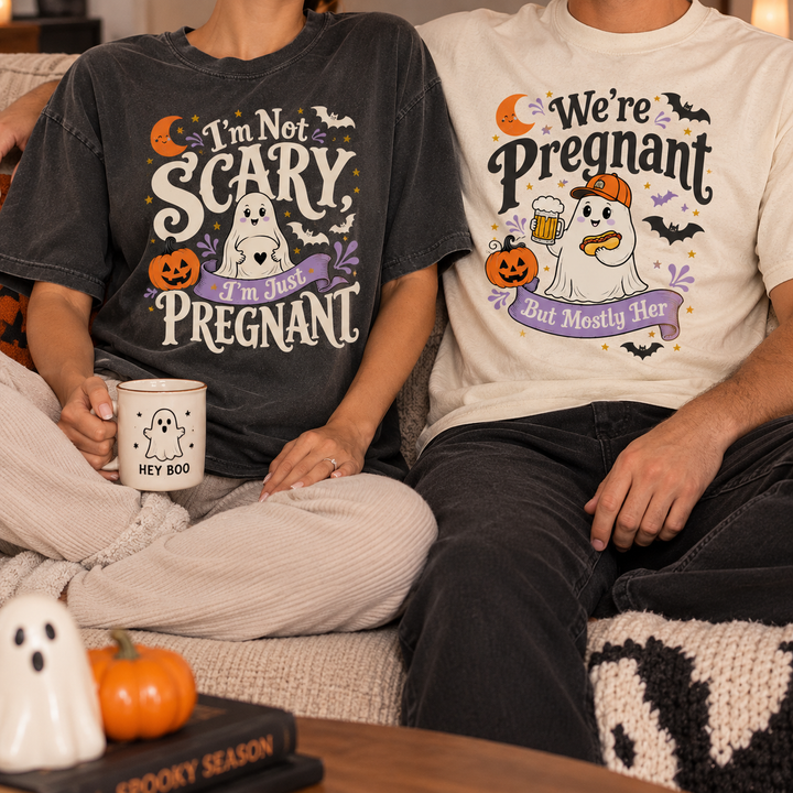 Funny Halloween Pregnancy Couple Shirts for Expecting Parents, Matching Ghost Mom Dad Tees, Spooky Baby Announcement Gift