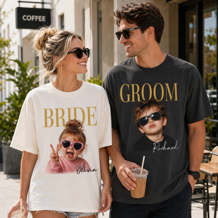 Personalized Bride Groom Photo Shirts for Wedding, Custom Childhood Photo Name Couple T-Shirts for Wedding Weekend, Newlywed Gift