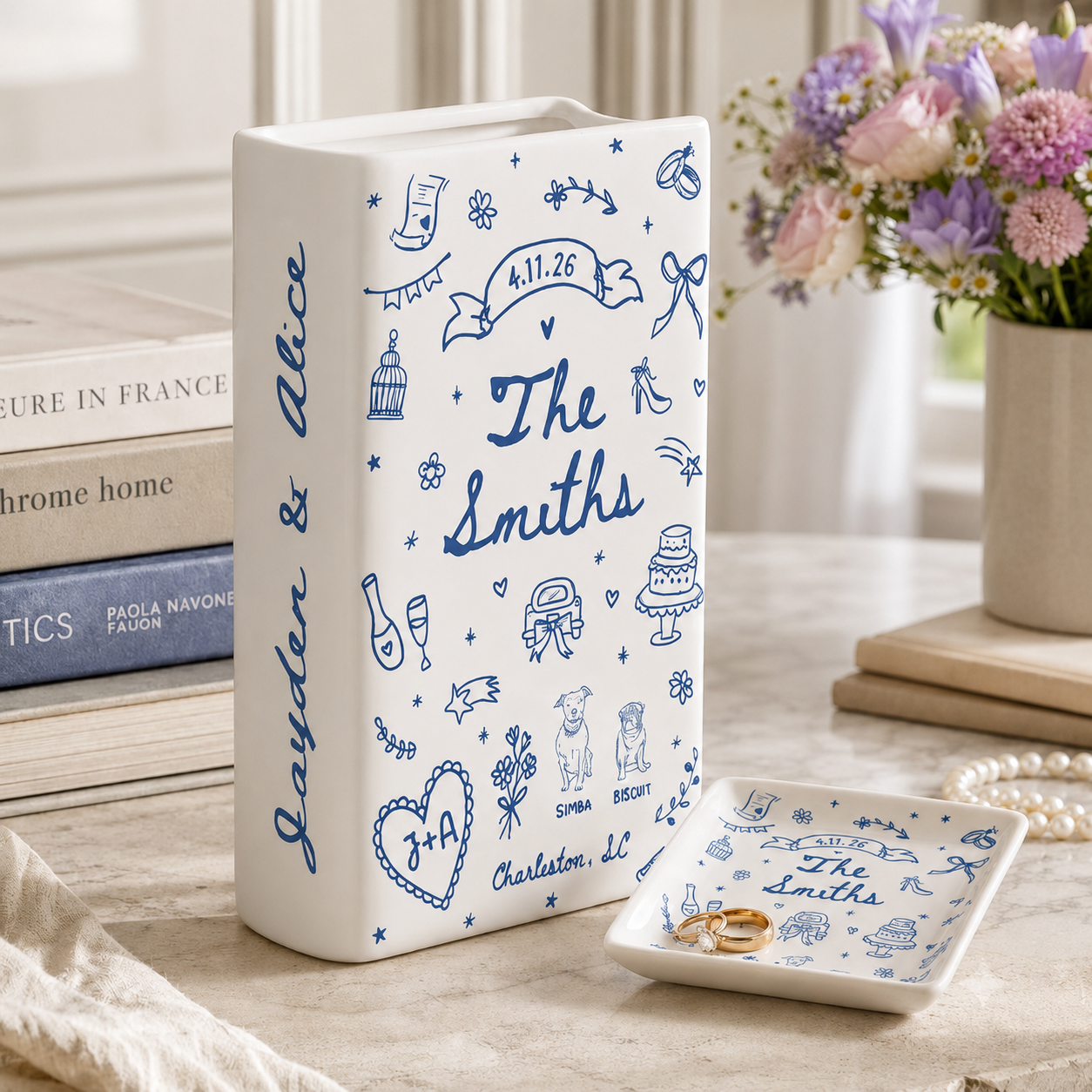 Custom Wedding Gift,Personalized Engagement Flower Vase with Names,Date&Location,Ceramic Flower Book Vase for Bride,Couple Gift,Newedly Gift