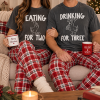 Funny Christmas Pregnancy Couple Shirts for Expecting Parents, Eating for Two Drinking for Three Matching Tees, Holiday Baby Announcement Gift