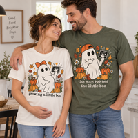 Growing a Little Boo Pregnancy Announcement Couple Shirts, The Man Behind the Little Boo Matching Tees, Halloween Mom & Dad T-Shirts
