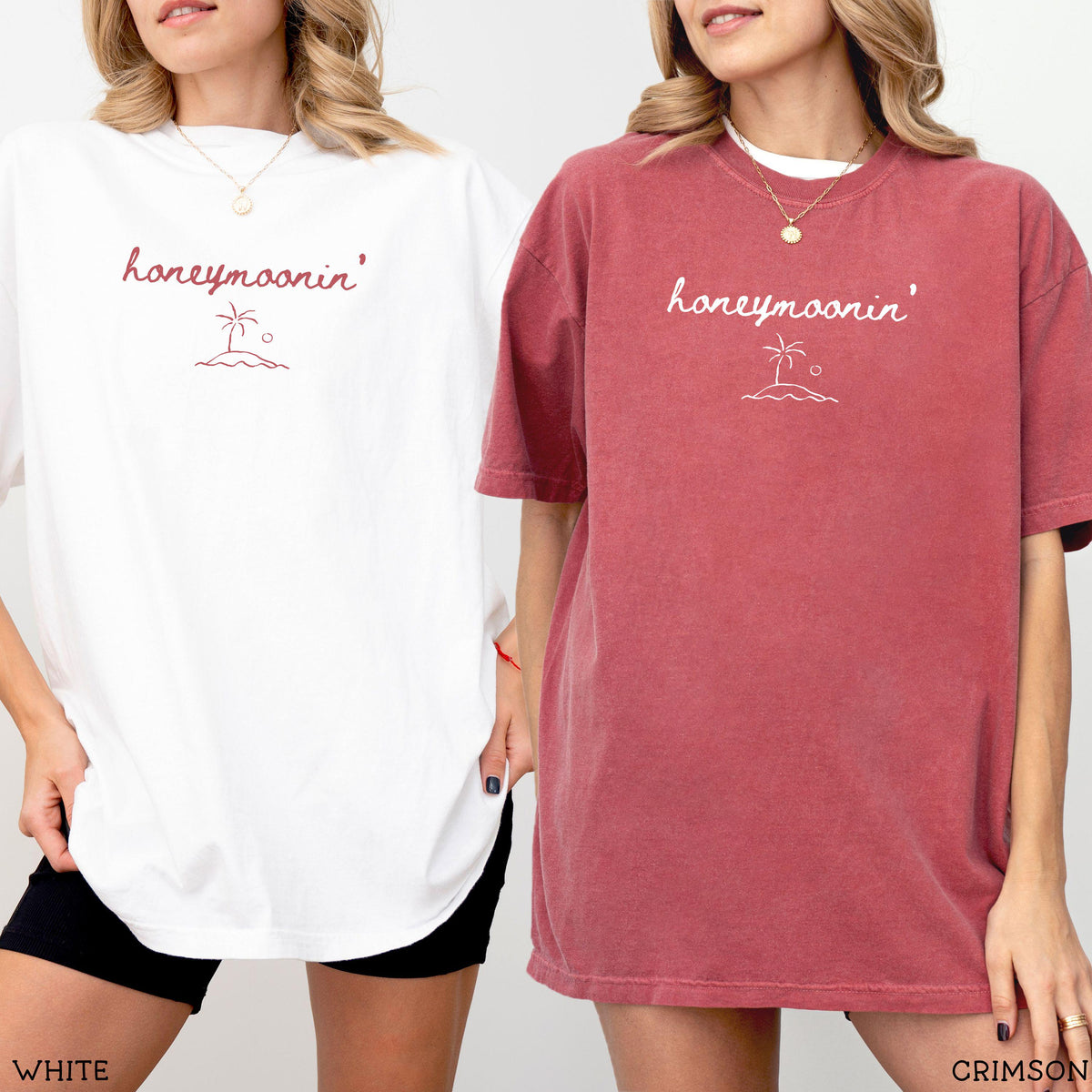 Honeymoonin' Comfort Colors tees in White and Crimson