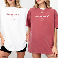 Honeymoonin' Comfort Colors tees in White and Crimson