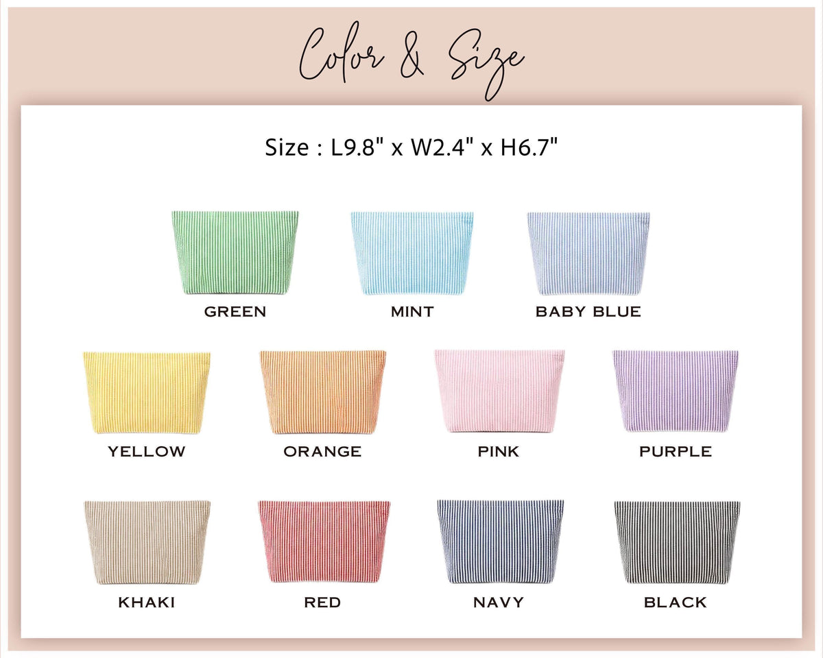 Personalized seersucker makeup bag color chart and dimensions