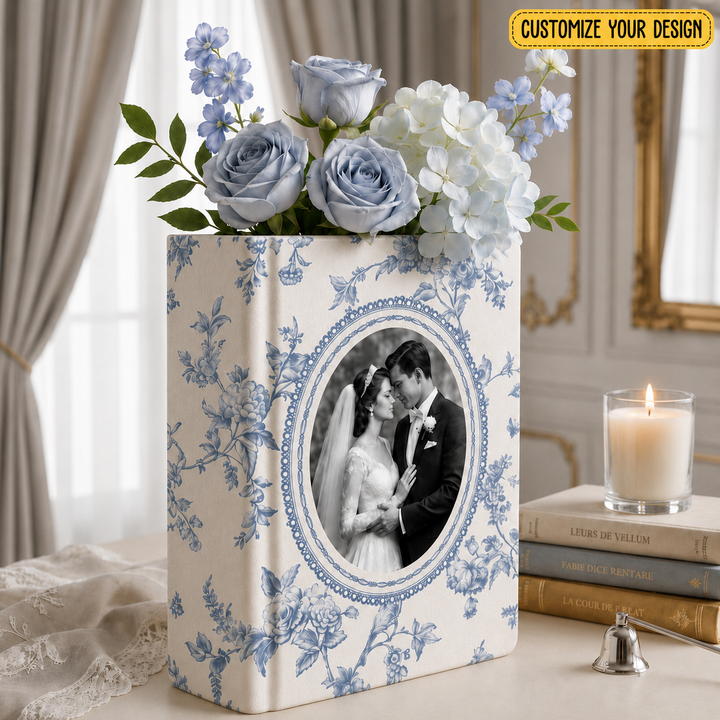 Custom Wedding Photo Ceramic Book Vase, Gift for Bride, Toile De Jouy Book Vase, Wedding Day Gift from Daughter, Wedding Gift for Couple