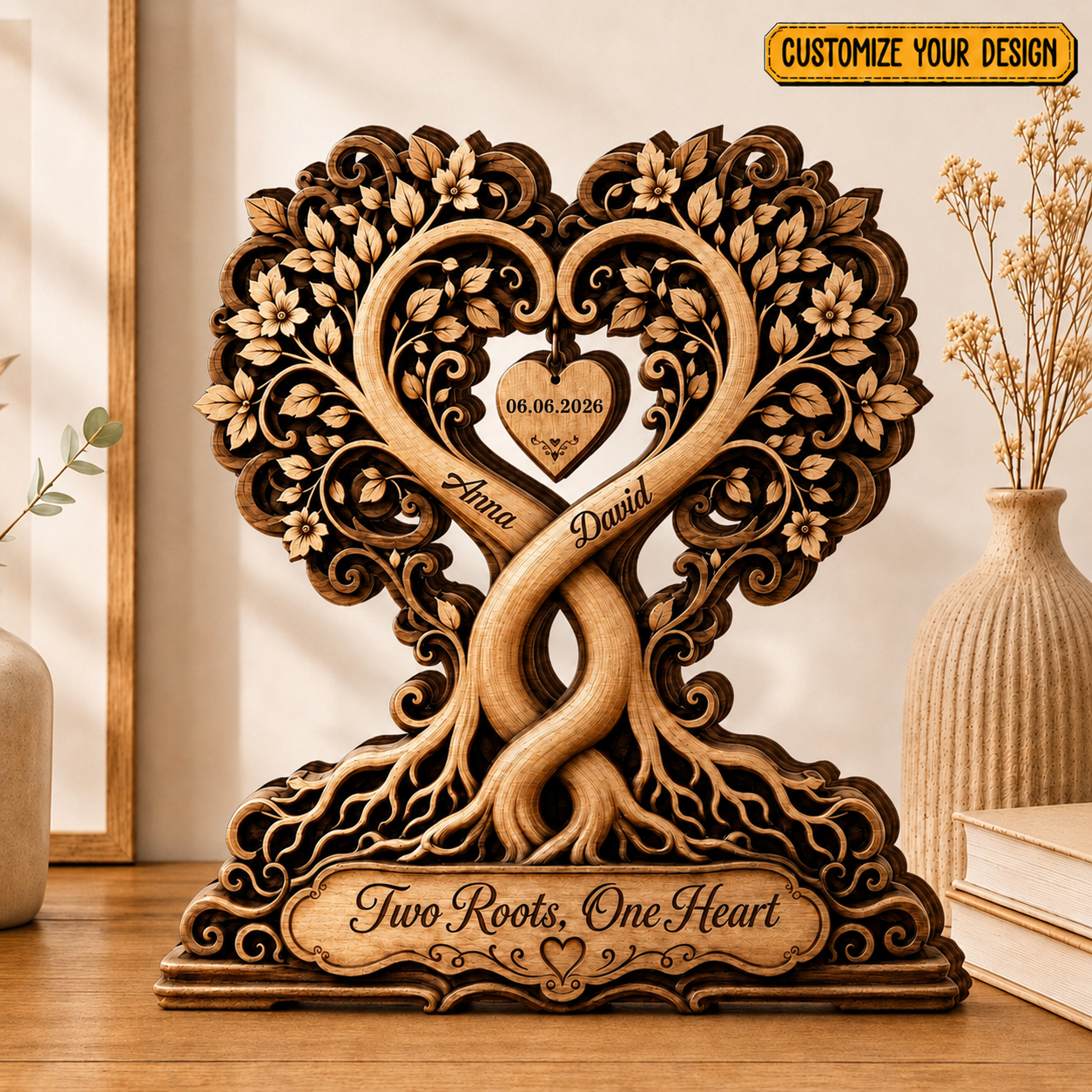 Personalized Wooden Tree of Life Plaque, Custom Couple Names, Romantic Heart Sculpture