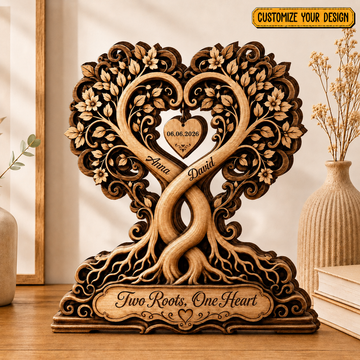 Personalized Wooden Tree of Life Plaque, Custom Couple Names, Romantic Heart Sculpture