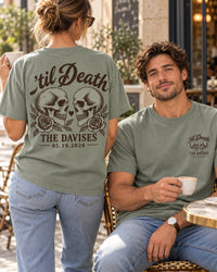 Sage personalized skull wedding couple Comfort Colors tees