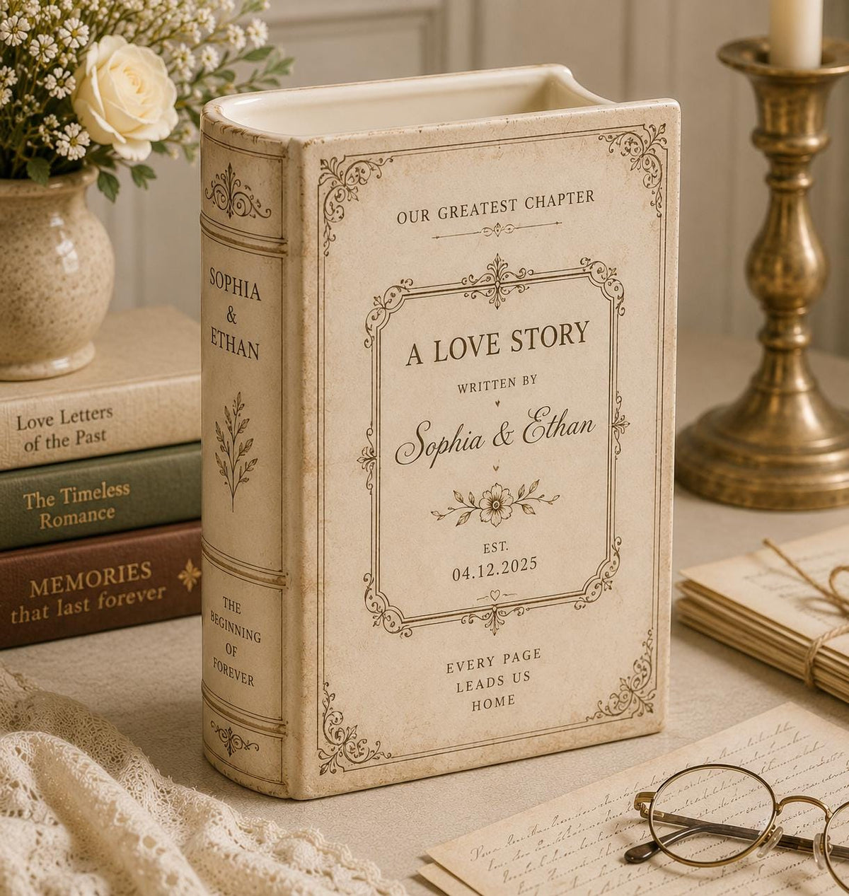Personalized ceramic book vase Our Greatest Chapter image 4