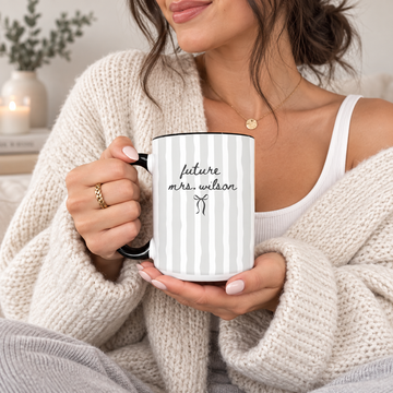 Personalized Striped Future Mrs Mug & Ornament – Custom Coffee Mug, Accent Mug, Bride-to-Be Engagement & Bridal Shower Gift