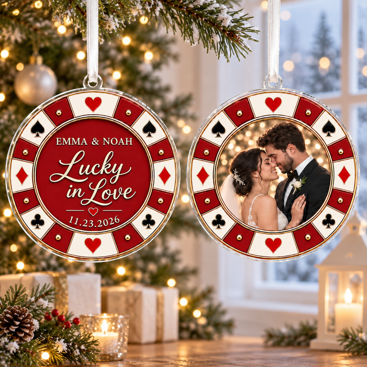 Custom Couple Wedding Anniversary Ornament,Photo Poker Chip Ornament,First Christmas Keepsake,Engagement Gift,Wedding Decor,Xmas Tree Decor