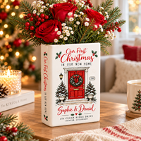 First Christmas New Home book vase used as a holiday flower holder