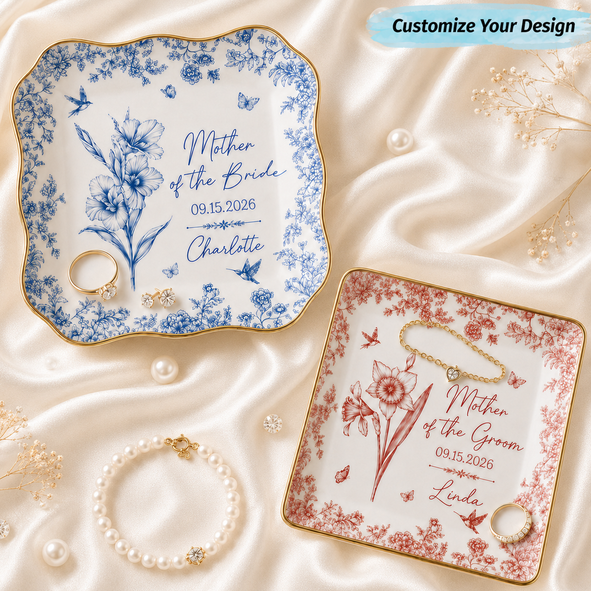 Personalized Wedding Jewelry Dish With Birth Flower, Date And Name - Custom Gift for Bride, Mom, Bridesmaid, Friend, Custom Vacation Gift, Honeymoon/Bachelorette Trip, Bridal Shower Gift