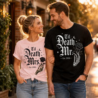 Matching Til Death Mr & Mrs Shirts for Wedding, Custom Year Gothic Couple T-Shirts, Newlywed Gift for Bride Groom, Halloween Wedding Shirts