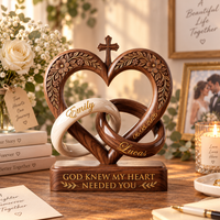 Personalized Christian Heart Cross Wooden Block, Custom Names & Wedding Date, Interlocking Rings Wedding Keepsake, Anniversary Gift for Couple