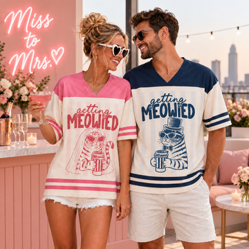 Personalized Bride & Groom Jersey Shirts, Funny Cat Wedding Couple Tees, Custom Name and Number Matching Football Tops