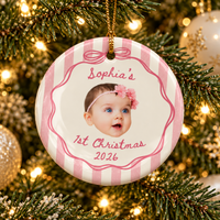 Personalized Striped Baby Photo Ornament – Baby's First Christmas