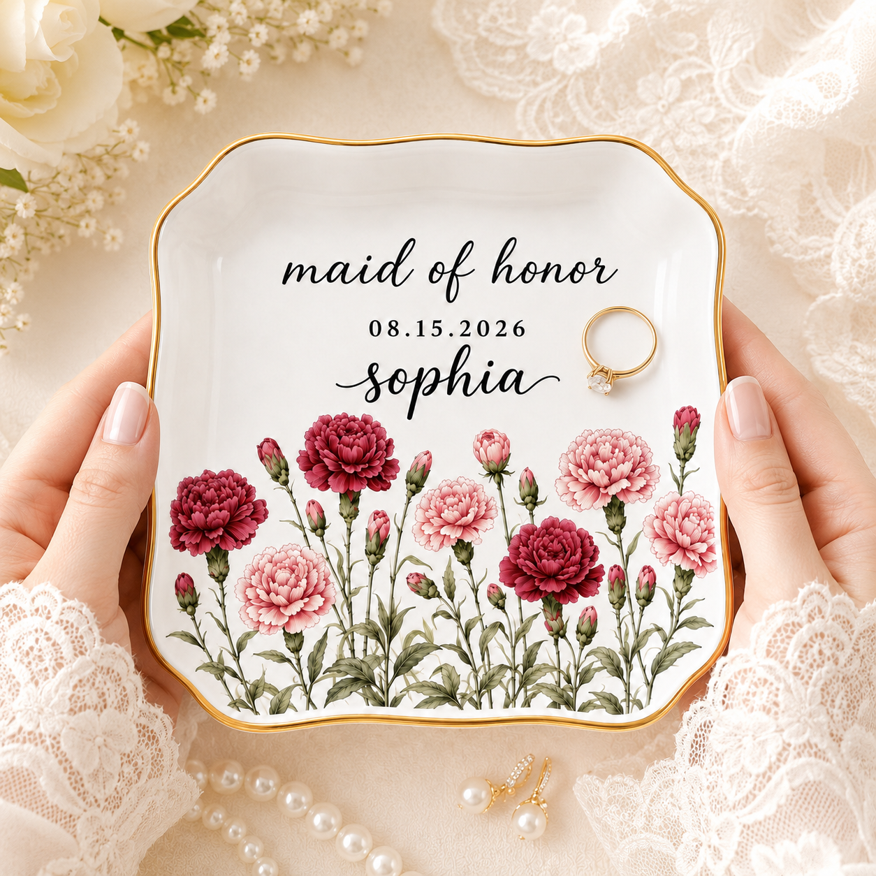 Personalized Birth Flower Wedding Jewelry Dish - Gift for Bride, Mom, Bridesmaid, Bachelorette Trip, Bridal Shower Gift