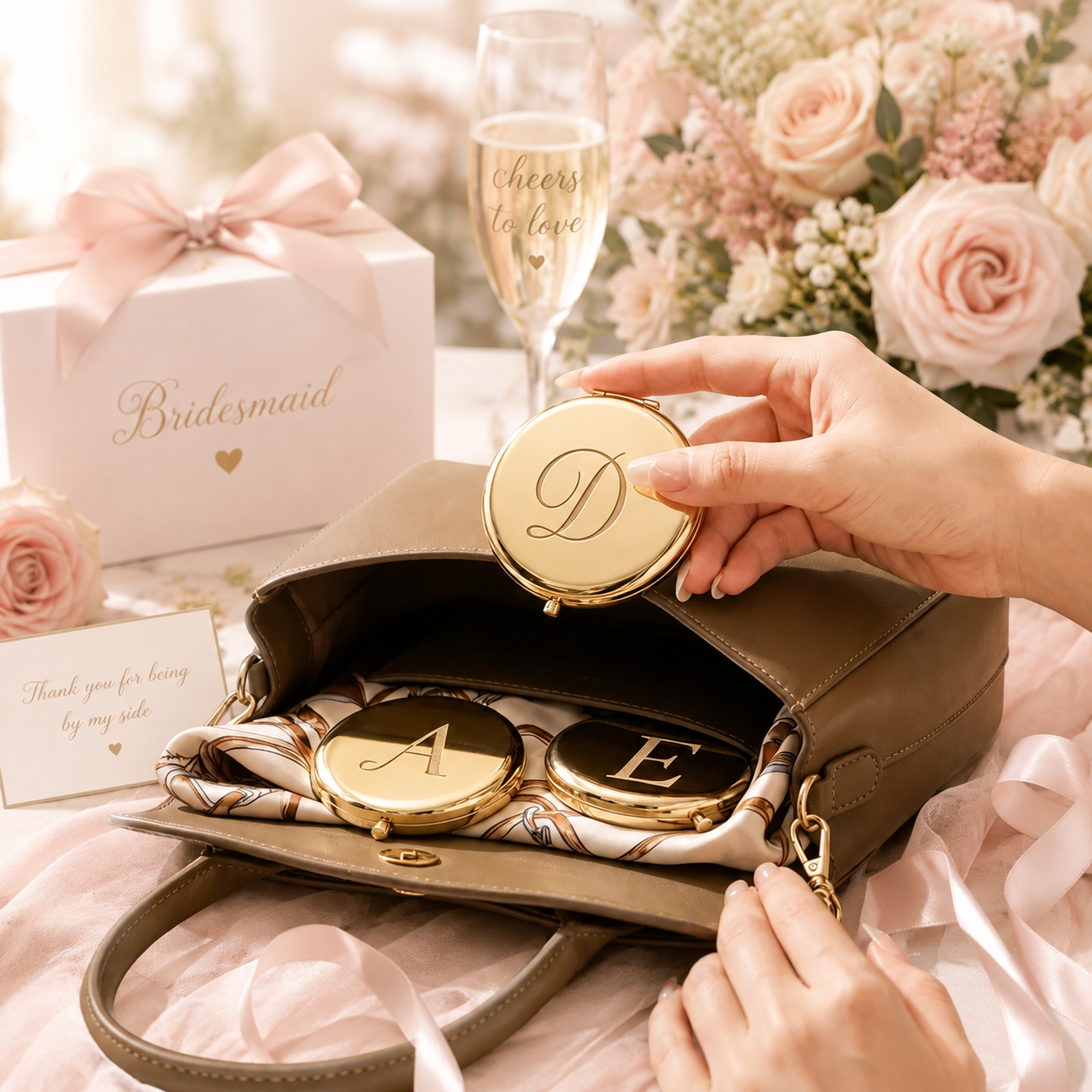 Personalized Gold Compact Mirror for Bridesmaids, Custom Engraved Monogram Pocket Makeup Mirror