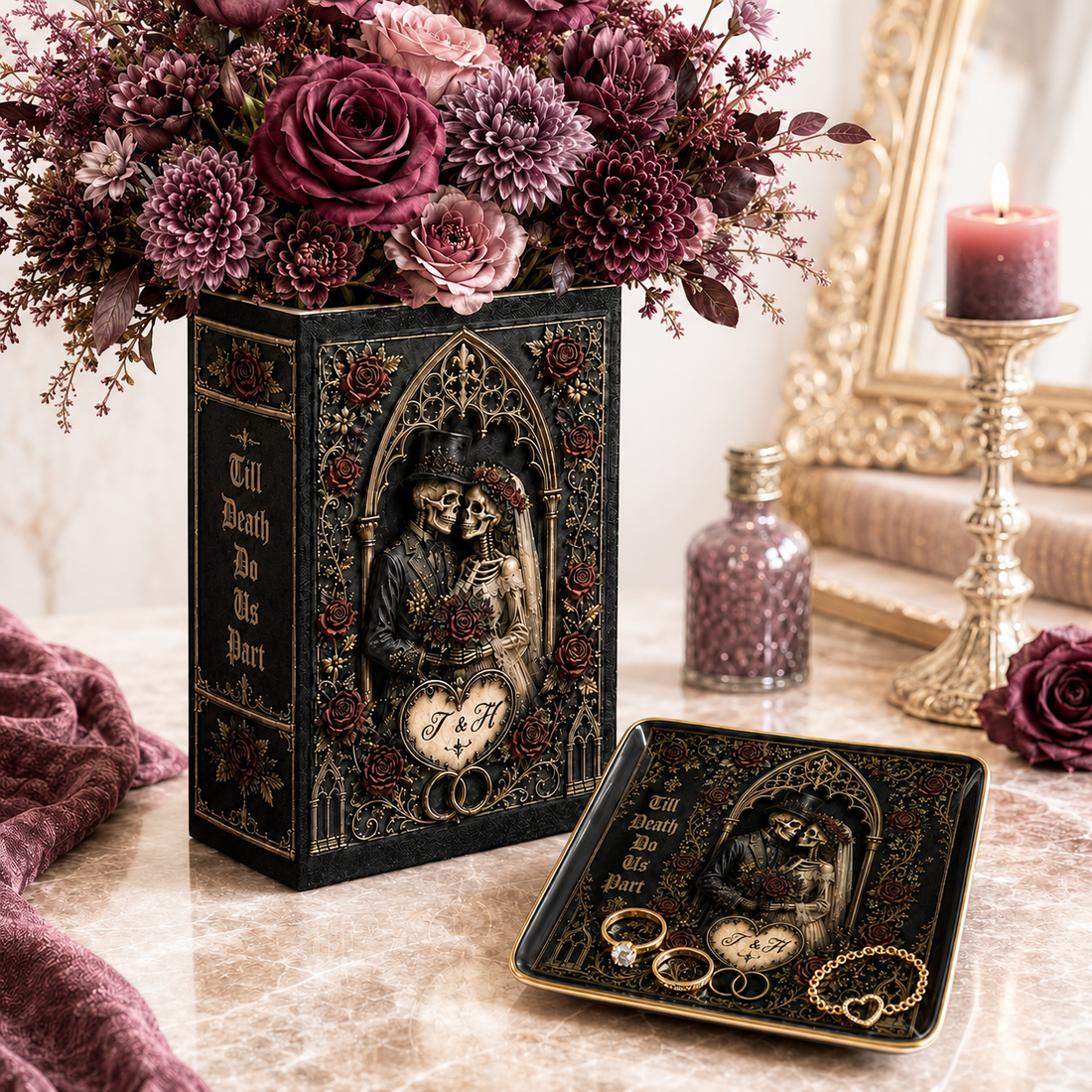 Persionalization Til Death Do Us Part Skeleton Couple Ceramic Book Vase, Skeleton Lovers, Gothic Wedding Decor