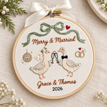 Embroidered Wedding Goose Ornament, Personalized First Christmas Hoop, Custom Names Year