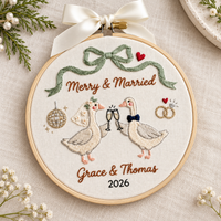 Embroidered Wedding Goose Ornament, Personalized First Christmas Hoop, Custom Names Year
