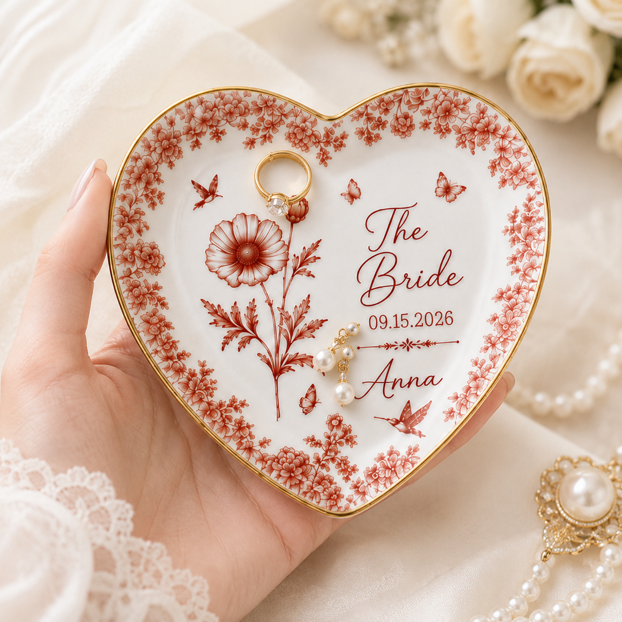 Personalized Wedding Jewelry Dish With Birth Flower, Date And Name - Custom Gift for Bride, Mom, Bridesmaid, Friend, Custom Vacation Gift, Honeymoon/Bachelorette Trip, Bridal Shower Gift