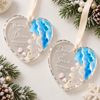 Personalized Beach Engagement Glass Ornament: Newly Engaged Gifts, Coastal Wedding Keepsake, 2026 Married Ornament, First Anniversary Gift