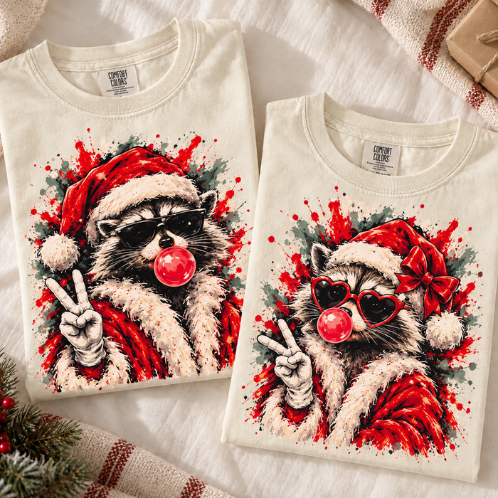 Raccoon Bubblegum Santa Comfort Colors Shirts – Retro Christmas Couple Gift