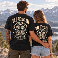 Personalized ’Til Death Skeleton Couple Shirts – Custom Names & Date