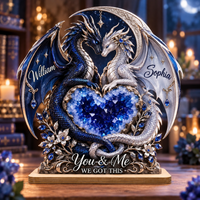 Personalized Crystal Heart Dragon Couple Wooden Plaque – Anniversary Gift