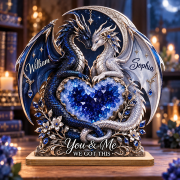 Personalized Crystal Heart Dragon Couple Wooden Plaque – Anniversary Gift