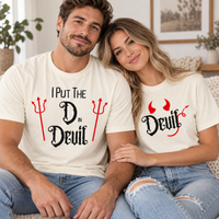 Funny Devil Couple Shirts for Halloween, Matching His and Hers Devil Tees, Spooky Couple Costume Shirtb