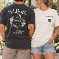 Personalized Til Death Skeleton Couple Shirts, Custom Mr & Mrs Wedding Tees, Last Name & Date Newlywed Shirts, Gothic Wedding Gift