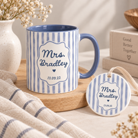 Personalized Mr Mrs Stripe Mug, Engagement Mug, Newly Engaged Gift, Bride Groom Mugs, Custom Wedding Mugs, Anniversary Gift, His Hers Mugs