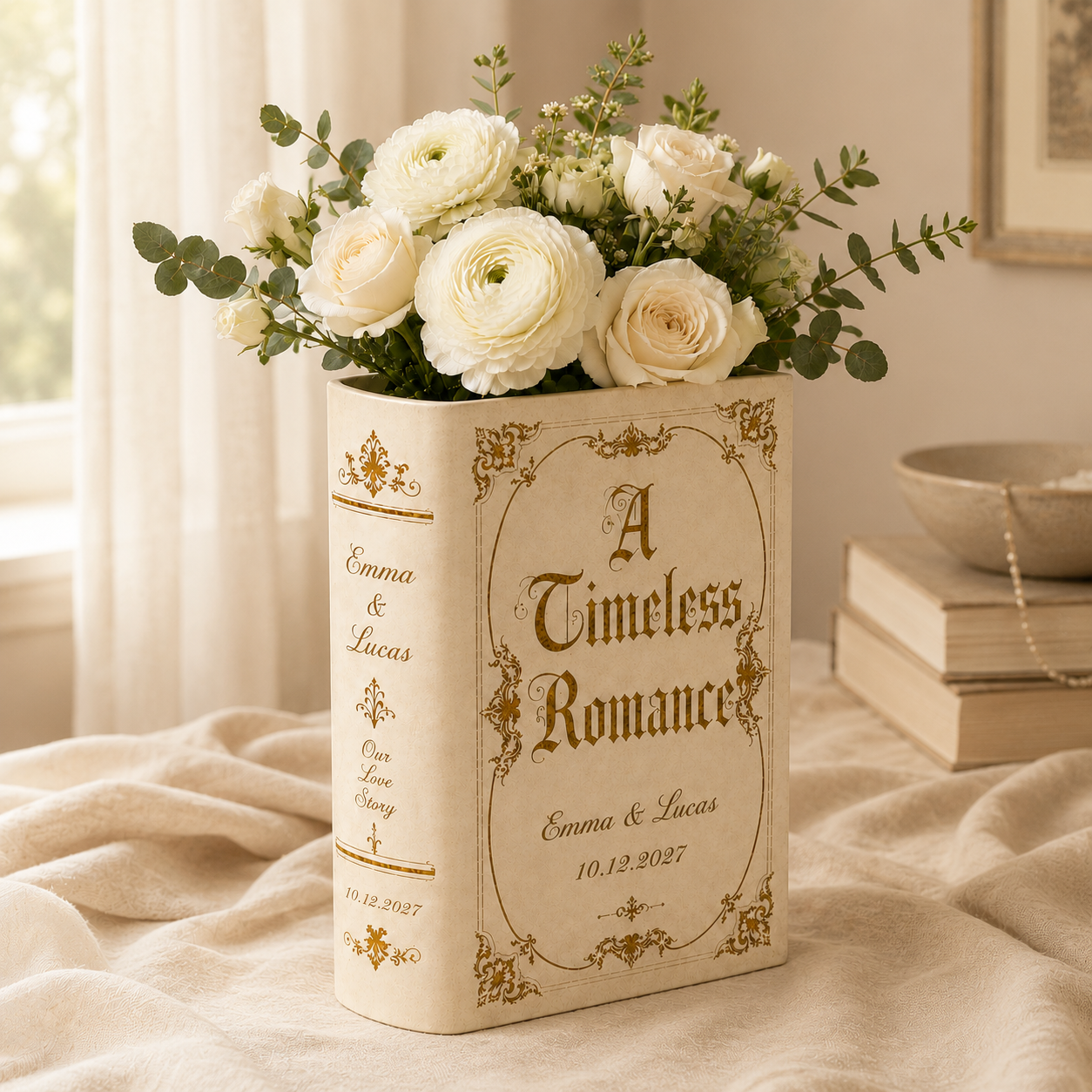 Personalized Vintage Wedding Book Vase & Jewelry Dish Set, Custom Couple Names & Wedding Date Flower Vase, Romantic Centerpiece,  Couple Keepsake